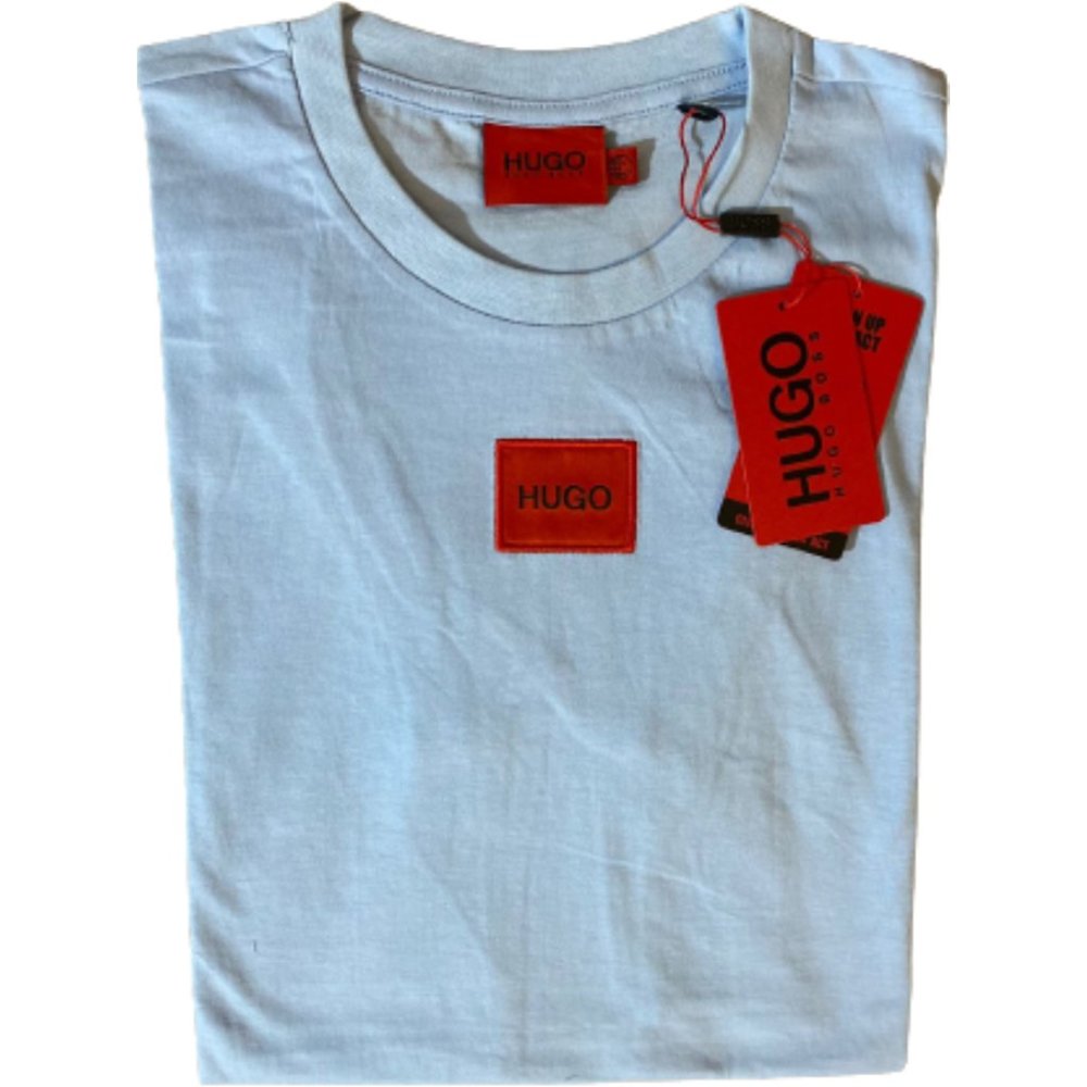 NWT HUGO BOSS Men's Light Blue Crew-neck T-Shirt With Red logo label Size M, L